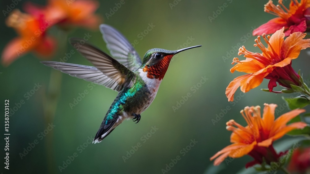 Fototapeta premium Ruby-Throated Hummingbird Hovering Near Vibrant Orange Flowers in Bloom