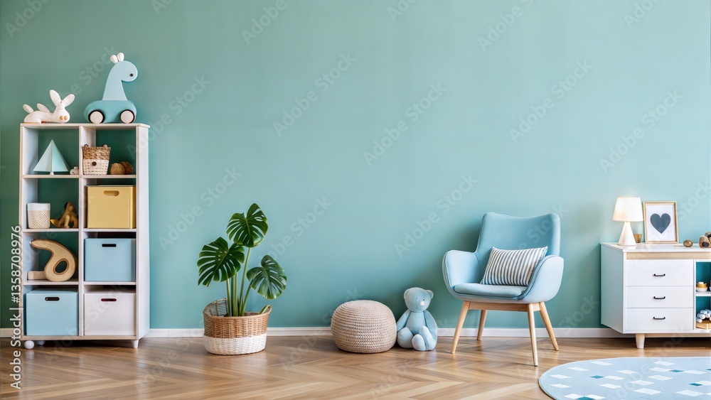 Fototapeta premium Children vintage room minimalist cozy space blank wall mock up copy text paste