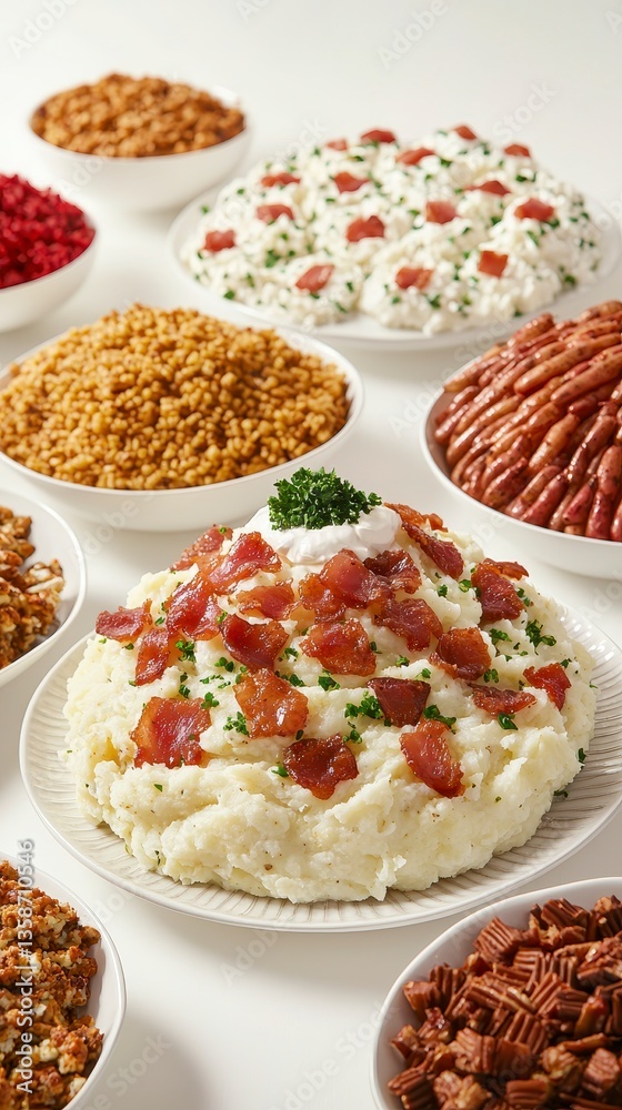 An exquisite display of culinary delights featuring artfully arranged plates of loaded mashed potatoes and more An exquisite display of culinary delights featuring artfully arranged plates of loaded mashed potatoes and more