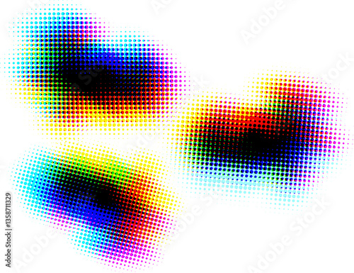 Set of dotted halftone doodles with a dense heart-shaped core. Rainbow layering, shifting. Vector.