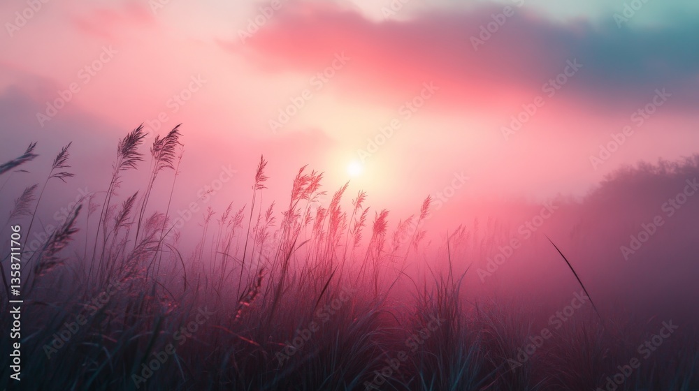 Fototapeta premium Silhouettes of grass against a sunrise with pink clouds and fog