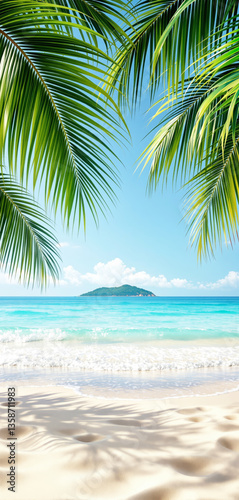 Wallpaper Mural Scenic tropical beach with palm leaves framing blue ocean waves and a distant island under a clear sky. Perfect phone wallpaper. Ai generative Torontodigital.ca