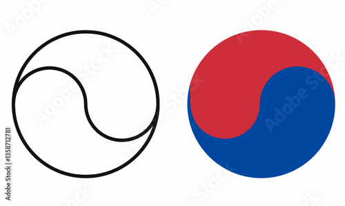 Two versions of the Taegeuk symbol, one in outline and one in red-blue. Represents balance, Korean culture, and Eastern philosophy. Perfect for logos and designs.