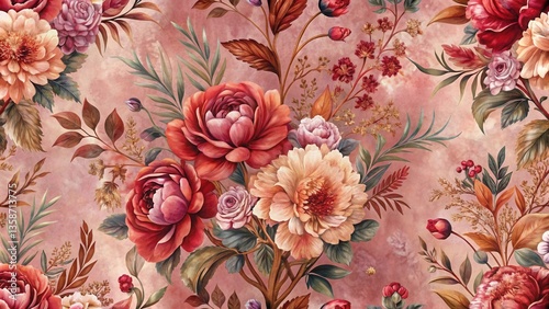 Fototapeta Naklejka Na Ścianę i Meble -  A Seamless Pattern of Exquisite Autumnal Blooms Featuring Rich Hues and Lush Botanical Details