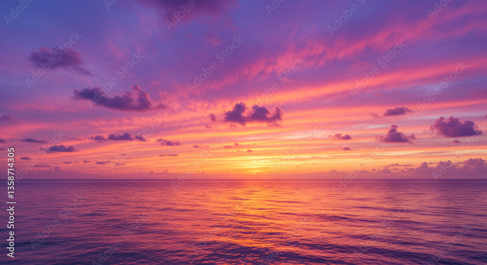 Obraz premium A vivid sunset paints the sky with pink and purple hues over the calm ocean water.