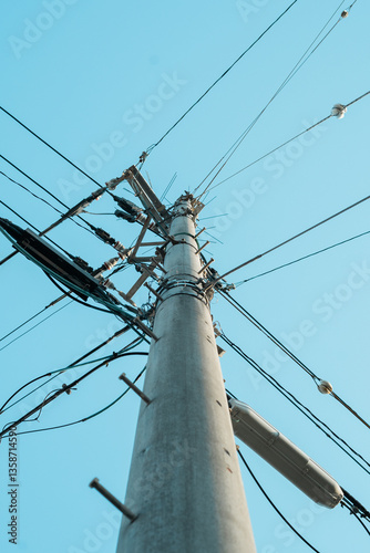 下から見た電柱と青空