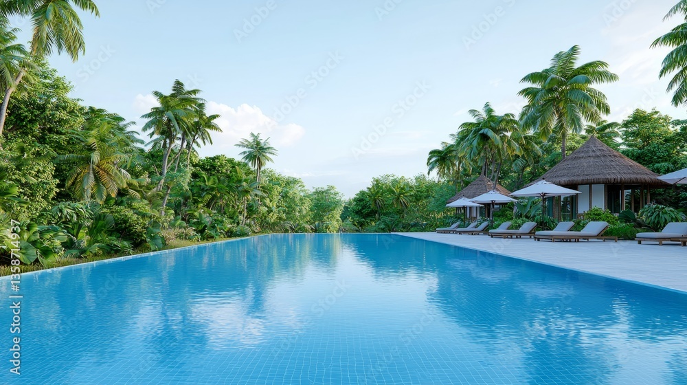 Fototapeta premium Tropical Resort Poolside Paradise Blue Water, Palm Trees, and White Sand Beach