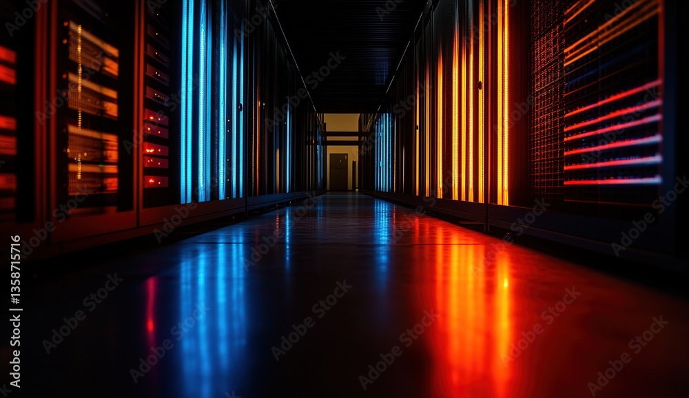 Fototapeta premium Dark Server Room Corridor with Glowing Blue and Orange Lights