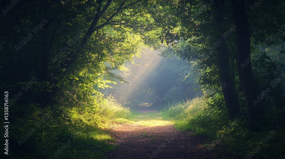 Obraz premium A sunbeam peeks through the dense foliage of a forest, creating a bright path through the trees.