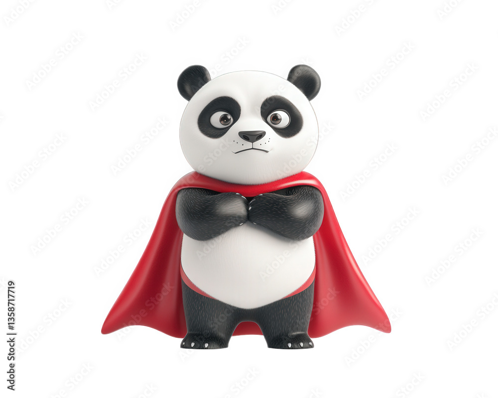 Naklejka premium superhero panda with red cape stands confidently, showcasing playful yet determined expression. This charming character embodies bravery and fun, appealing to both children and adults alike