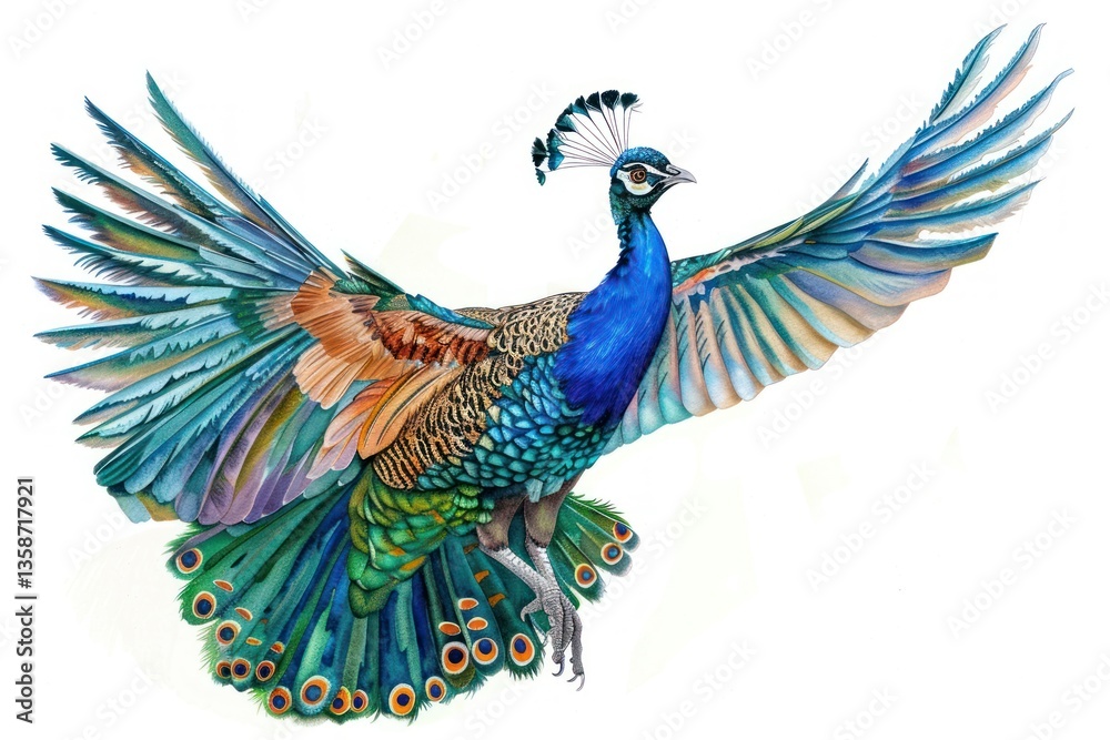 Fototapeta premium Colorful peacock in flight illustration