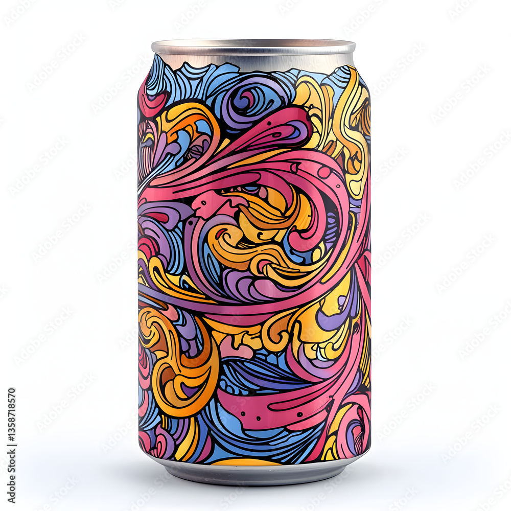 Fototapeta premium Vibrant psychedelic craft beer can with swirling organic shapes in shades of pink, orange, yellow, and blue showcasing artistic hand-drawn design