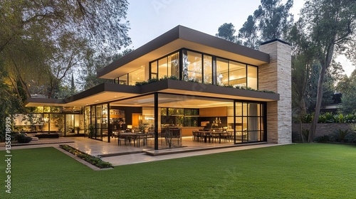 Minimalist two-story modern house flat roof geometric design expansive glass windows inviting patio space with natural accents.  