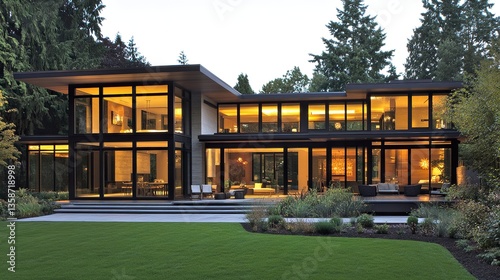 Minimalist two-story modern house flat roof geometric design expansive glass windows inviting patio space with natural accents.  