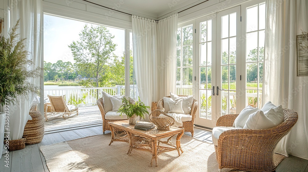Obraz premium Modern coastal veranda with chic white French doors wicker furniture and flowing curtains natural light bright Cape Cod charm. 