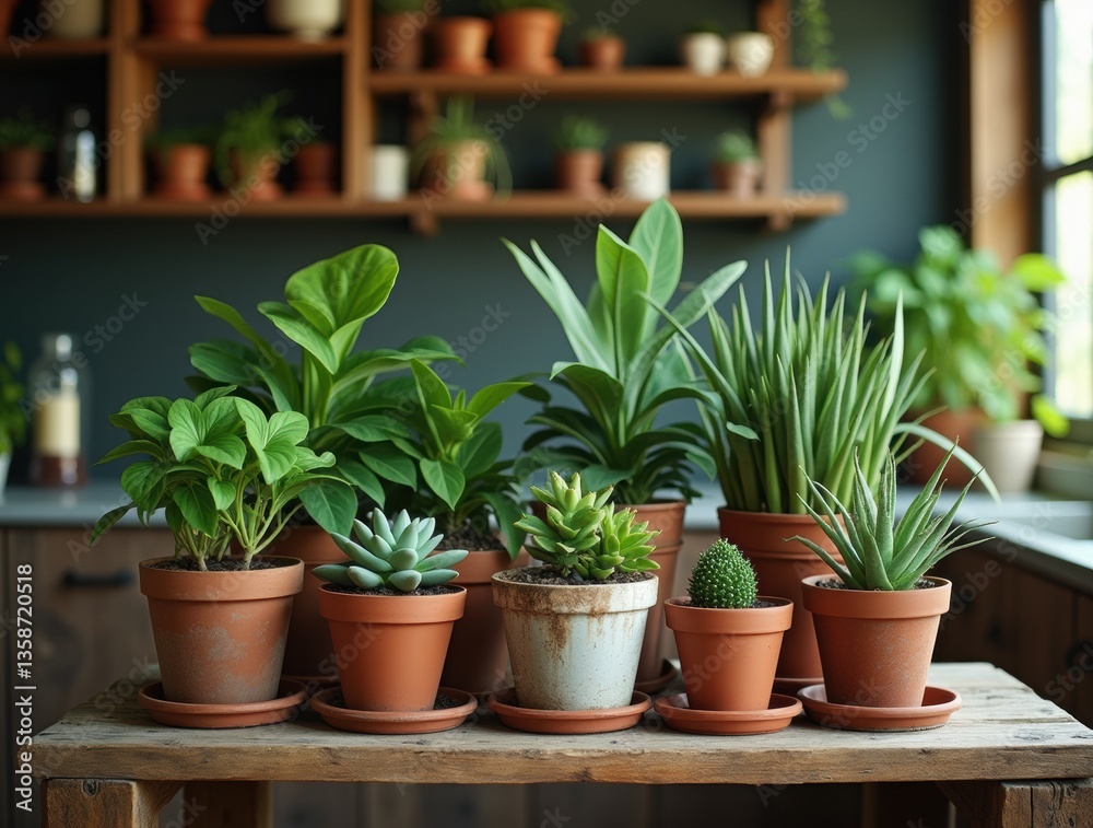 Cluster of potted plants with earthy greens on a wooden shelf, rustic style for a happy indoor vibe.