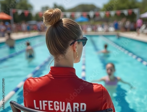 A female lifeguard in a red uniform and sunglasses sits in a lifeguard chair, overseeing a busy pool on a bright summer day. Swimmers are visible in the background, highlighting a busy pool scene.
