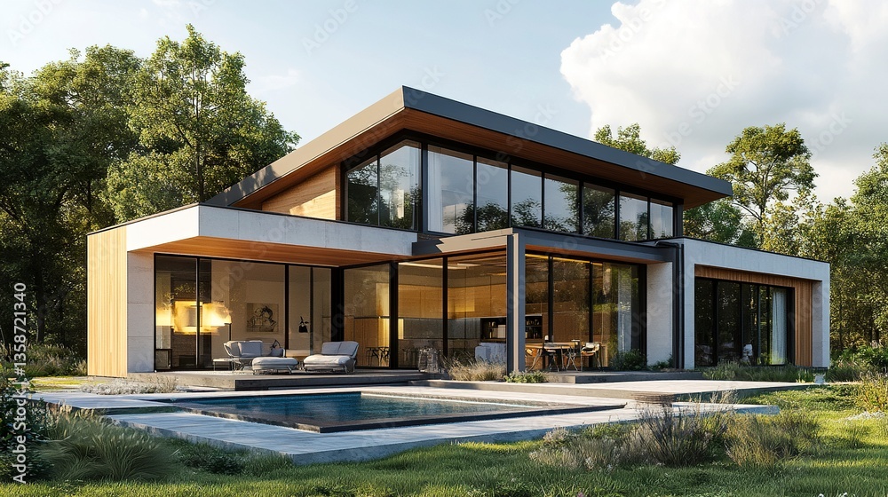 Fototapeta premium Modern sustainable house with sleek design solar panels on the roof heat pump unit on the side clean lines and natural surroundings illustration style. 