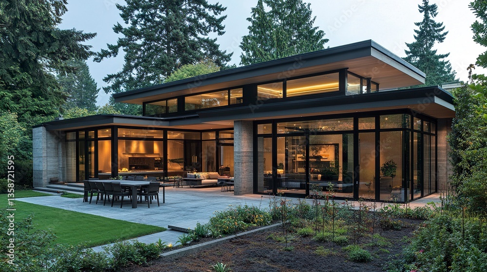 Modern two-story house with a flat roof sleek design large glass windows expansive patio minimal landscaping clean and contemporary. Modern two-story house with a flat roof sleek design large glass windows expansive patio minimal landscaping clean and contemporary.