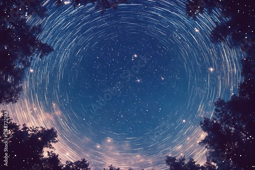 Serene star trails illuminate the night sky framed by silhouette trees