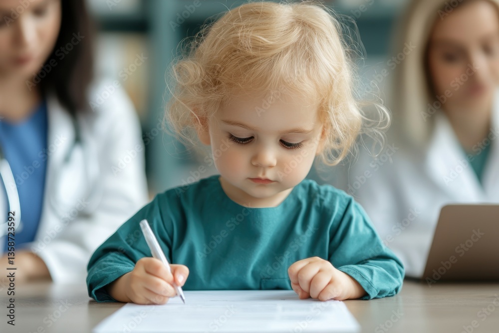 Child learning to write with guidance in classroom educational activity indoor setting focused view Child learning to write with guidance in classroom educational activity indoor setting focused view