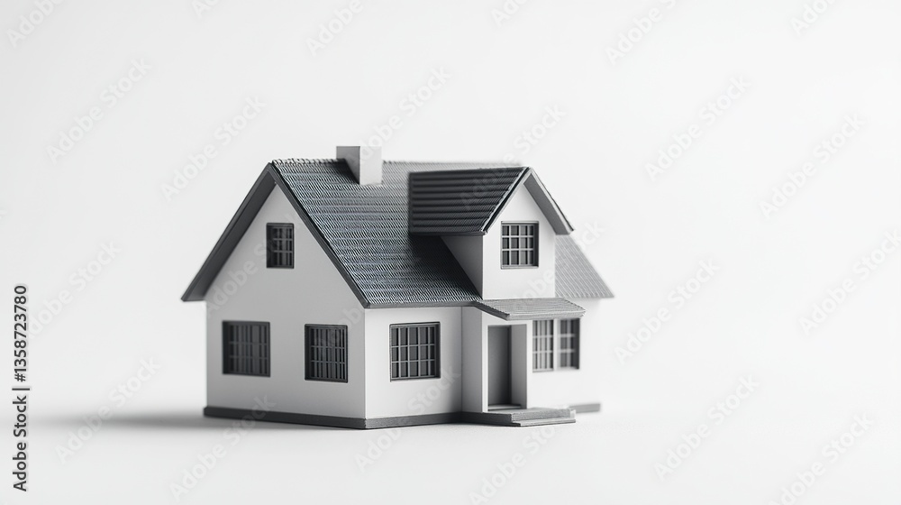 Real estate representation of a small gray house model minimal detailing clean and simple isolated on bright white background. Real estate representation of a small gray house model minimal detailing clean and simple isolated on bright white background.