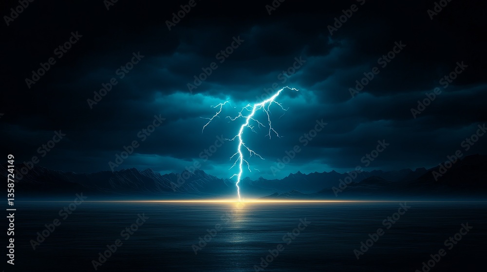 Fototapeta premium Dramatic Lightning Strike Over Dark Ocean At Night