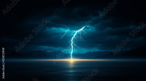 Dramatic Lightning Strike Over Dark Ocean At Night