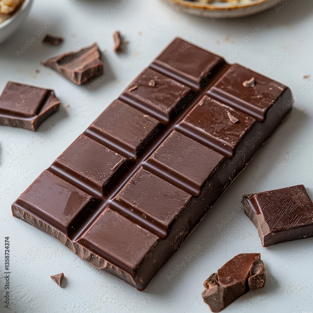 Delicious gourmet dark chocolate bar with chunks on light background Delicious gourmet dark chocolate bar with chunks on light background