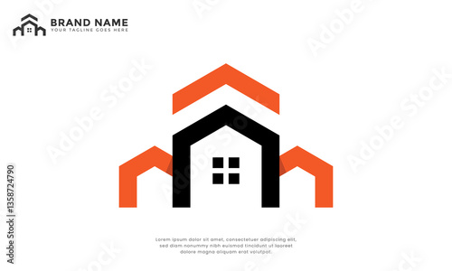 Home property and construction logo. Featuring home design with clean geometric lines in orange and black. Ideal for property, real estate, architecture, construction and interior design brands.