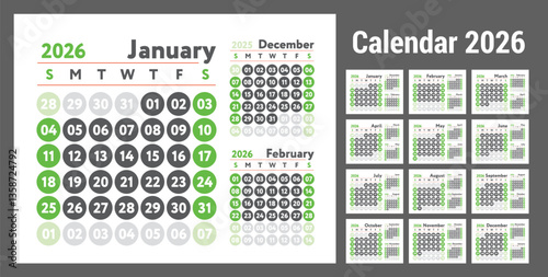 2026 calendar. New year planner design. English calender. Green color vector template. Week starts on Sunday. Business planning.