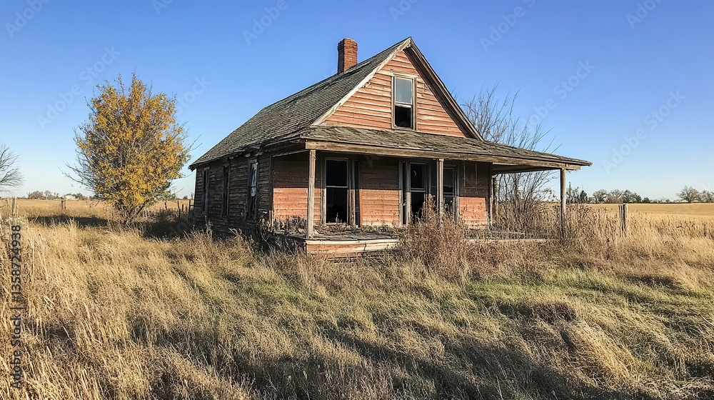 Obraz premium Run-down farmhouse with sagging roof weathered wood exterior dim natural light portrays years of wear and decay frontal view. 