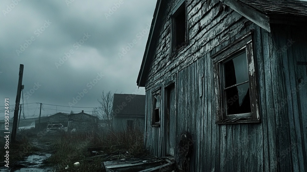 Obraz premium Rustic old house with cracked walls and shattered windows weathered shingles dim overcast lighting creates a somber mood. 