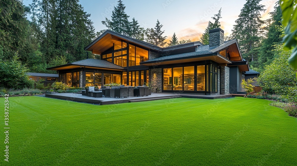 Obraz premium Sharp green lawn close-up blurred house and landscaping design visible in the background warm tones complete the backyard serenity.