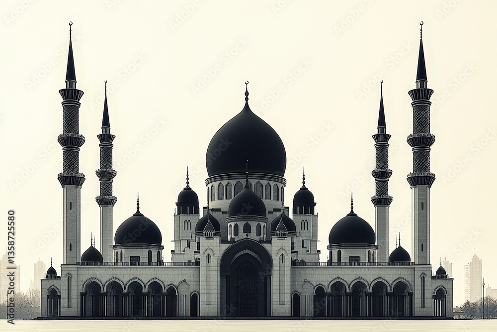 Fototapeta premium Majestic mosque with domes and minarets against skyline: architectural grandeur in monochrome