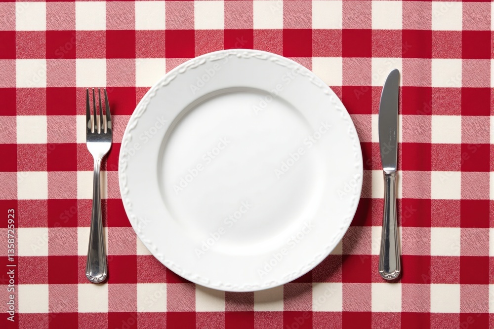 Empty White Plate on Classic Red Checkered Tablecloth with Fork and Knife Set, Perfect for Dining Experiences or Food Presentation Empty White Plate on Classic Red Checkered Tablecloth with Fork and Knife Set, Perfect for Dining Experiences or Food Presentation