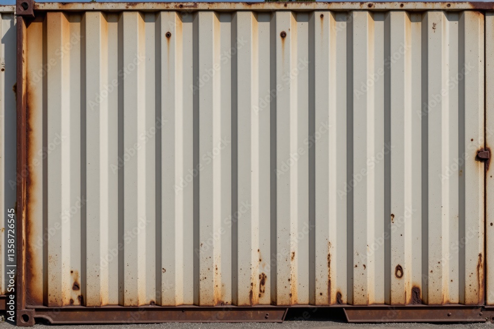 Obraz premium Rusty Metal Shipping Container with Weathered Exterior and Horizontal Corrugation Pattern on the Surface, Located in an Urban Environment