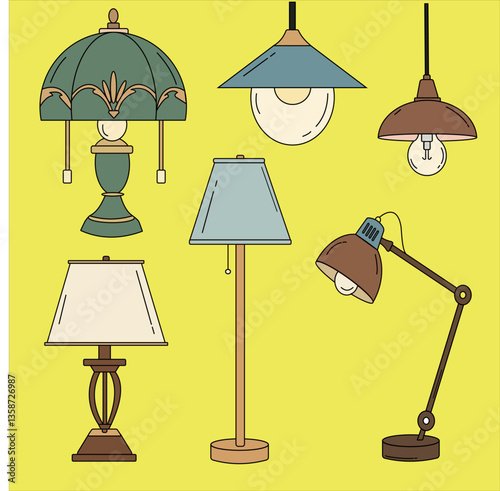 Electric table, floor lamps, lampshades, ceiling chandeliers, bedside nightlights set. Different interior light decor standing and hanging. Flat vector illustrations isolated on white background