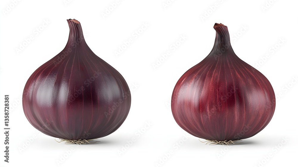 Fototapeta premium Close-Up View of Two Fresh Purple Onions with Glossy Skin on White Background