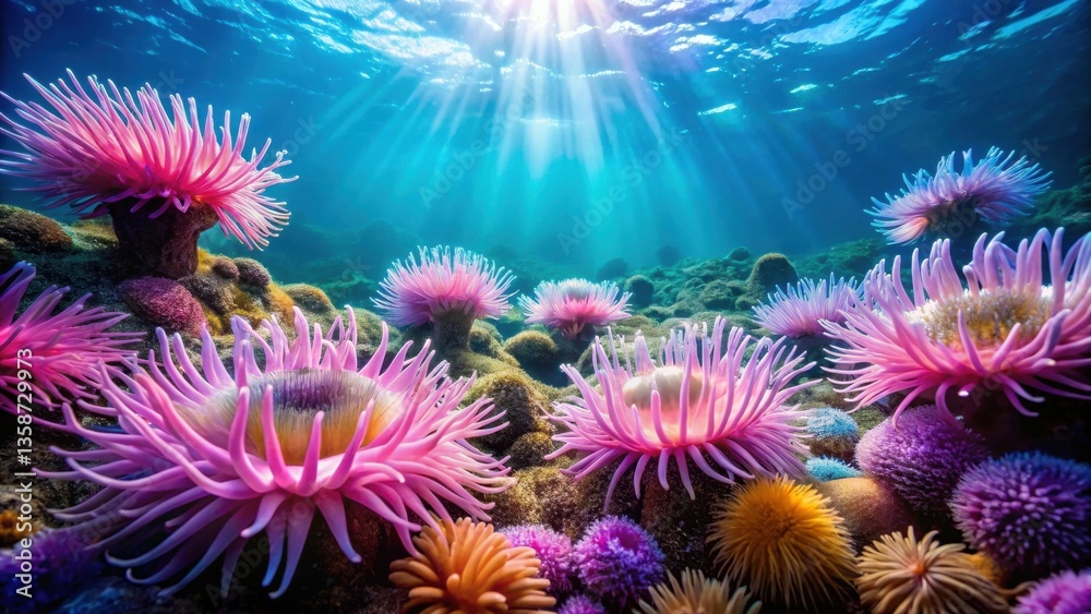 Fototapeta premium Sunlit Underwater Seascape Featuring Vibrant Pink Sea Anemones and Diverse Coral Reef Ecosystem