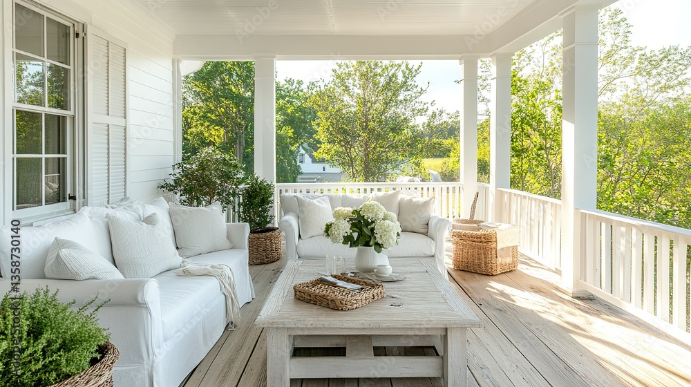Obraz premium Stylish veranda with natural wood flooring white paint chic sofa pillows cozy lounge Cape Cod-inspired luxury outdoor living. 