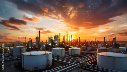 Aerial view of big oil refinery plant at night with beautiful lights. Industrial landscape.
