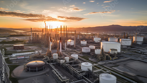 Aerial view of big oil refinery plant at night with beautiful lights. Industrial landscape.
