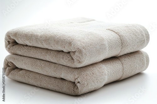 Soft beige towels elegantly folded on white background for spa and home decor