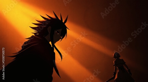 Silhouette of two characters facing each other with dramatic lighting