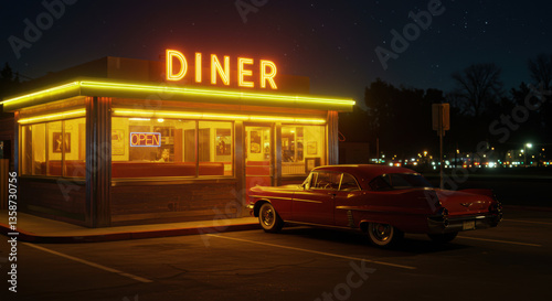 Classic red car parked in front of a retro diner under a starlit night sky.