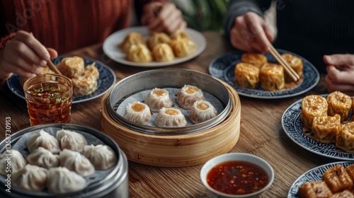 Inviting table laid out with delicious dim sum dishes for a family gathering filled with laughter and joy photo