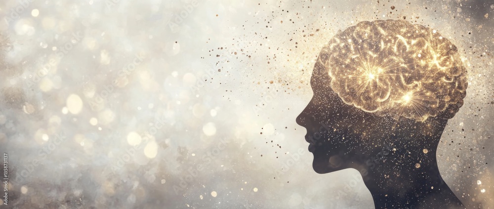 Obraz premium Silhouette of a person with a luminous brain, representing creativity and knowledge in a dreamy, abstract background