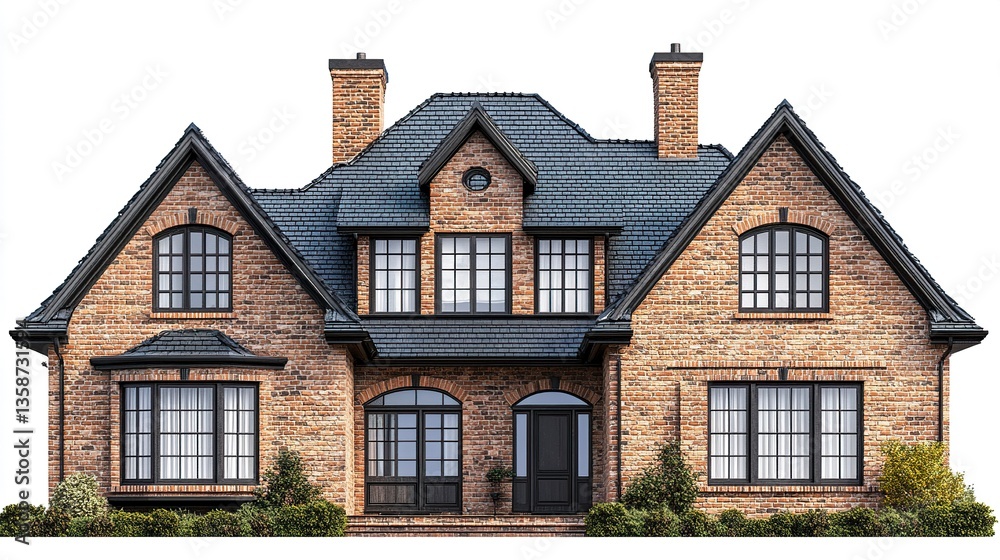 Traditional brick house with warm tones symmetrical layout detailed gables and dormer windows clean and isolated on white backdrop Traditional brick house with warm tones symmetrical layout detailed gables and dormer windows clean and isolated on white backdrop