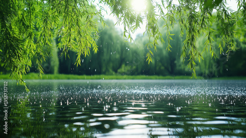 Rain falling on a calm lake under a weeping willow tree